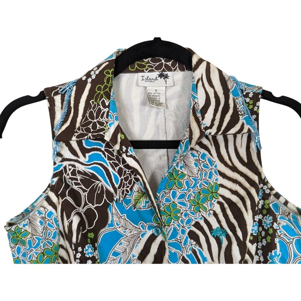 Island Republic sleeveless summer beaded fringe button front Hawaiian top sz 6 - Picture 3 of 9